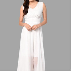 Womens  WHITE V NECK Georgette Solid Maxi Dress